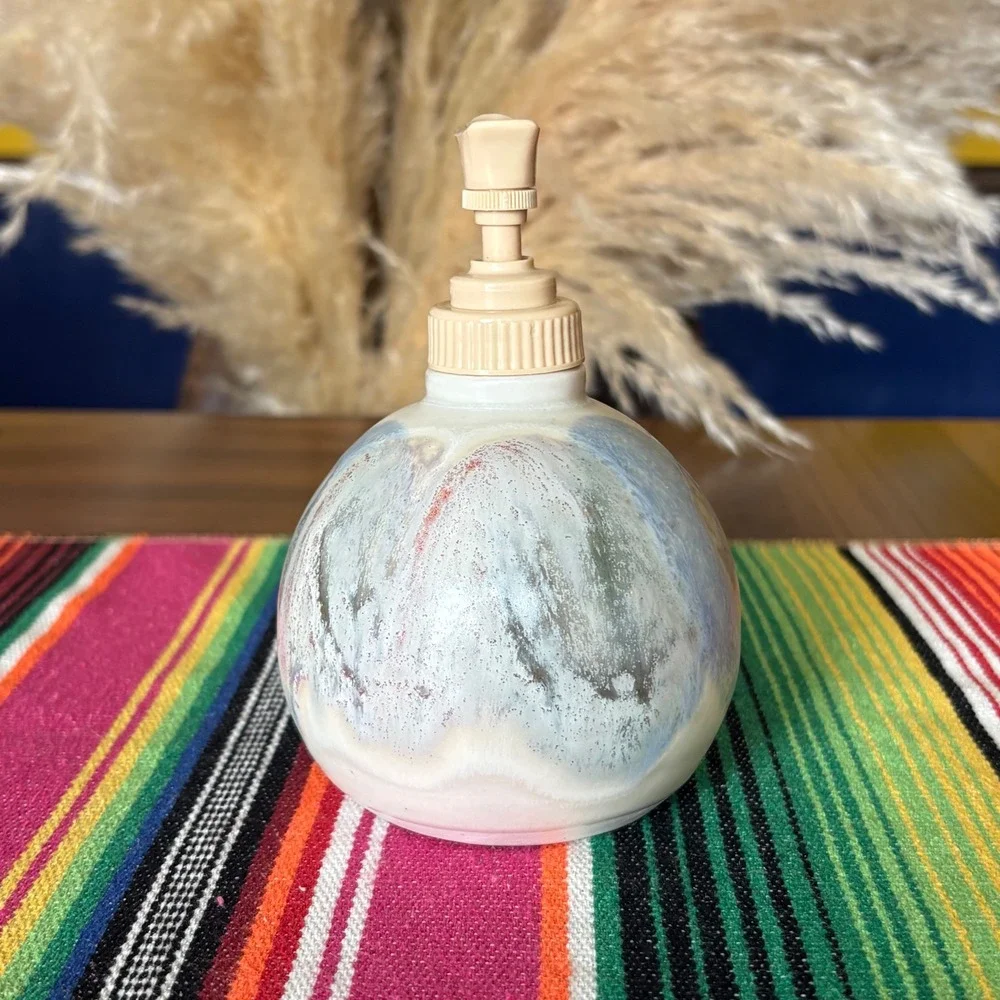 Handmade Studio Pottery Soap Dispenser Set Drip Glaze Stoneware Boho Decor 2pc